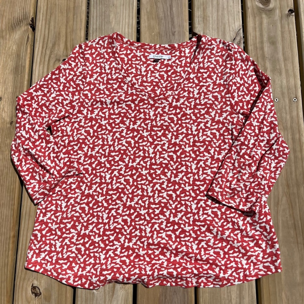 Chico's T-Shirt 3/4 Sleeve Top V Neck Cotton Modal Slub Orange Ivory Size 3 XL
